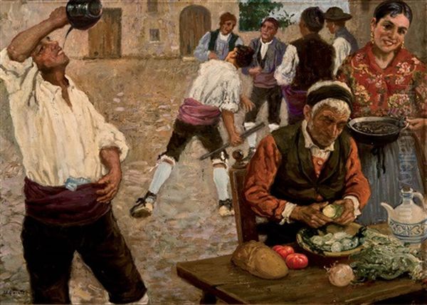 Fiesta En El Pueblo Y Juego De La Barra Oil Painting by Juan Jose Garate Y Clavero