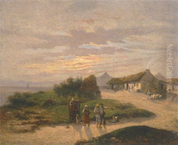 Abendliche Uferlandschaft Mit Dorfszenerie Oil Painting by Gustave Cesaire Garaud