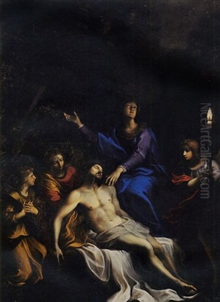 The Virgin Mourning Over The Body Of The Dead Christ In The Company Of Three Angels Oil Painting by Lorenzo Garbieri