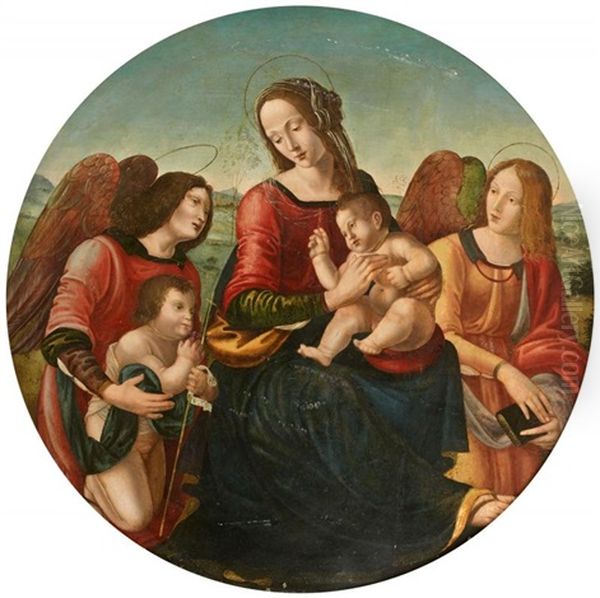 La Vierge A L'enfant Et Saint Jean-baptiste Enfant Entoures D'anges Oil Painting by Raffaelino del Garbo