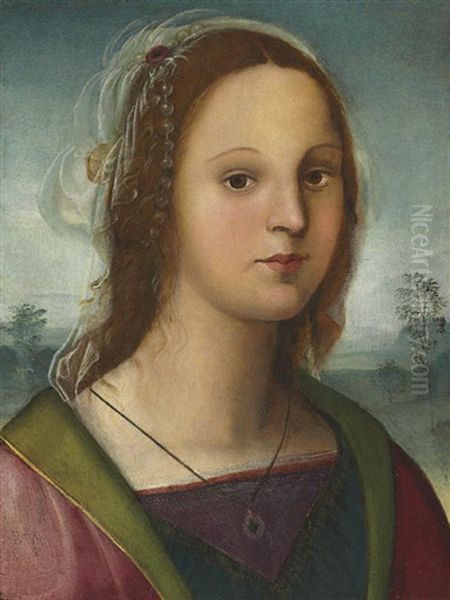 Portrait Of A Young Lady With A Pearl Headdress, A Landscape Beyond Oil Painting by Raffaelino del Garbo