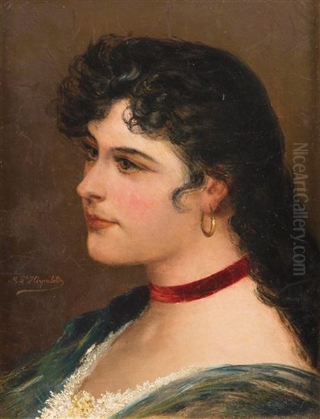 Retrato De Dama Con Cinta Roja Al Cuello Oil Painting by Manuel Garcia Hispaleto