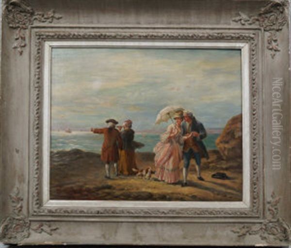 Elegant Figures And A Dog By The Shores Of The Sea Oil Painting by Antonio Garcia Y Mencia