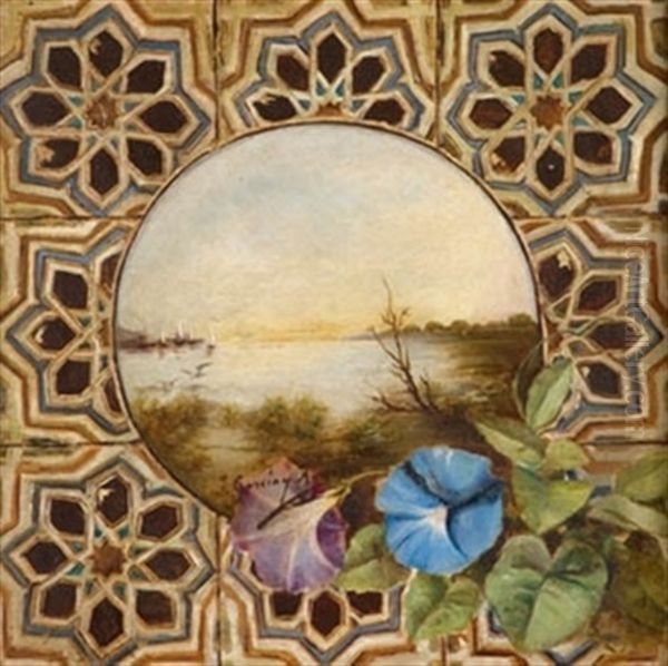 Azulejos Con Paisaje Y Flores Oil Painting by Jose Garcia y Ramos