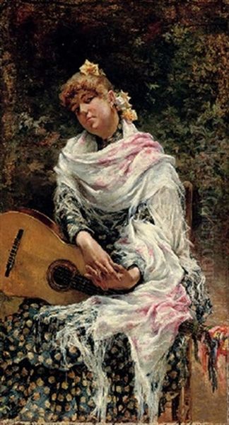 Guitarrista Espanol - The Spanish Guitar Player Oil Painting by Jose Garcia y Ramos