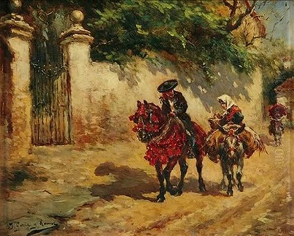 Untitled: Figure Group On Horseback And Donkey Oil Painting by Jose Garcia y Ramos