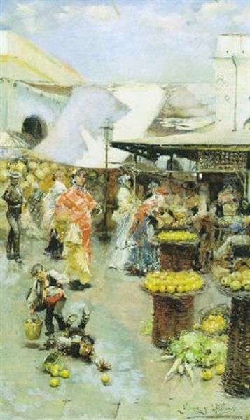 El Mercado De Sevilla Oil Painting by Jose Garcia y Ramos