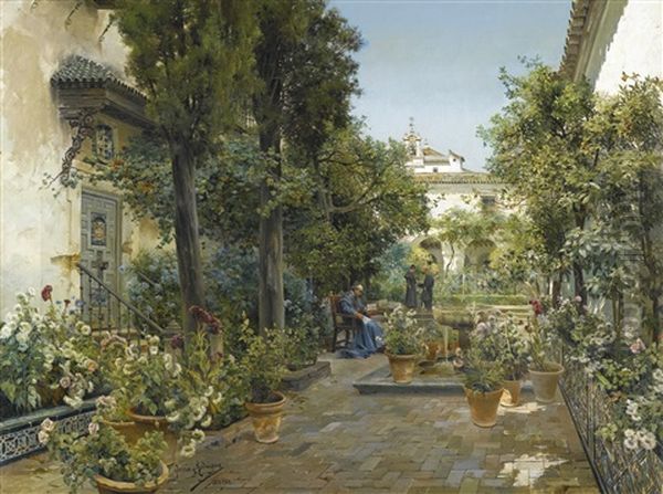 Garden In Seville Oil Painting by Manuel Garcia y Rodriguez