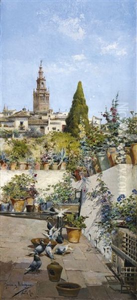 On A Sevillian Patio Oil Painting by Manuel Garcia y Rodriguez