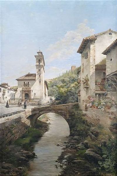 In Der Altstadt Von Granada. Blick Auf Die Am Fluss Darro Gelegene Kirche Santa Ana, Im Hintergrund Die Alhambra by Manuel Garcia y Rodriguez