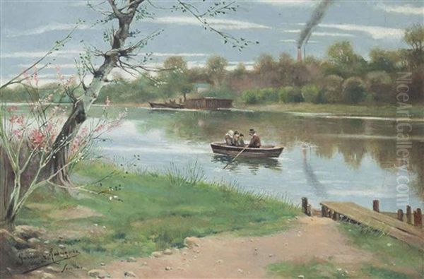 Rowing On The Gualdalquivir River Oil Painting by Manuel Garcia y Rodriguez