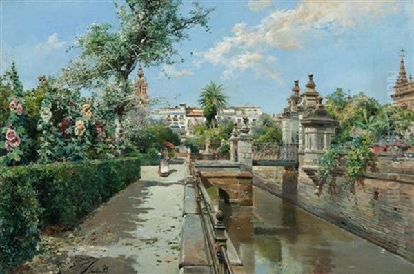 Der Wassergraben Neben Der Universitat Von Sevilla Oil Painting by Manuel Garcia y Rodriguez