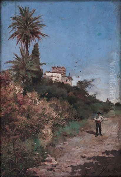 Joven Con Cesto En Los Alrededores De Las Murallas Oil Painting by Manuel Garcia y Rodriguez