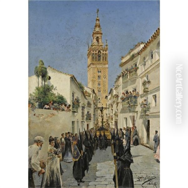 Procesion De Semana Santa En La Calle Mateos Gago, Sevilla (easter Procession In Mateos Gago Street, Seville) Oil Painting by Manuel Garcia y Rodriguez