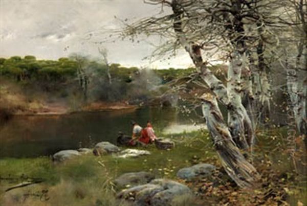 Lavanderas A Orillas Del Rio, Alcala De Guadaira Oil Painting by Manuel Garcia y Rodriguez