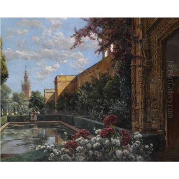 Jardines Del Real Alcazar De Sevilla (real Alcazar Garden, Seville) Oil Painting by Manuel Garcia y Rodriguez