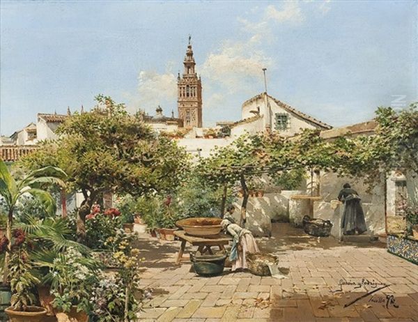 Innenhof Mit Wascherinnen Bei Der Arbeit Oil Painting by Manuel Garcia y Rodriguez