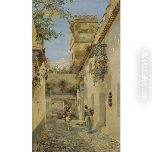 Callejon Del Agua, Sevilla - A Sevillian Alley Oil Painting by Manuel Garcia y Rodriguez