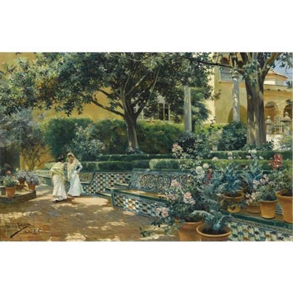 Jardin De Los Reales Alcazares De Sevilla (gardens Of The Alcazar, Seville) Oil Painting by Manuel Garcia y Rodriguez