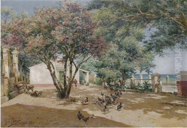 Women And Chickens In A Farmyard (patio Con Mujeres Y Gallinas) Oil Painting by Manuel Garcia y Rodriguez