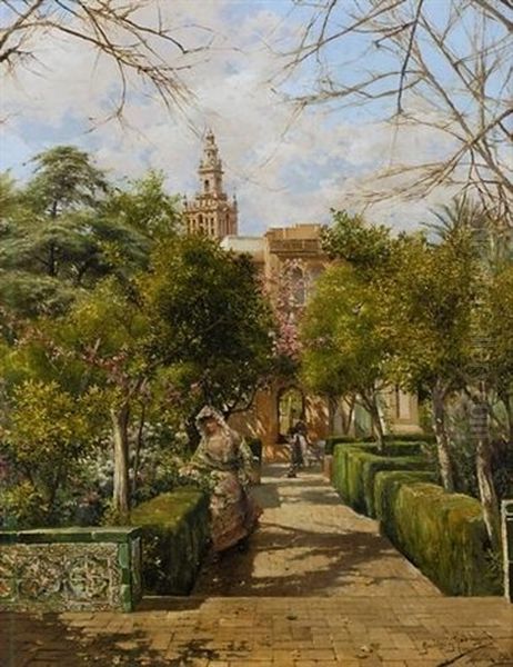 Vista De La Giralda Desde La Plaza Del Triunfo, Sevilla (view From The Plaza Del Triunfo Towards The Giralda Tower, Seville) Oil Painting by Manuel Garcia y Rodriguez