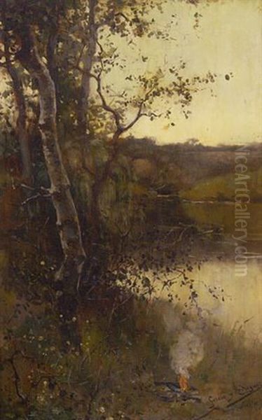 A River Landscape Oil Painting by Manuel Garcia y Rodriguez