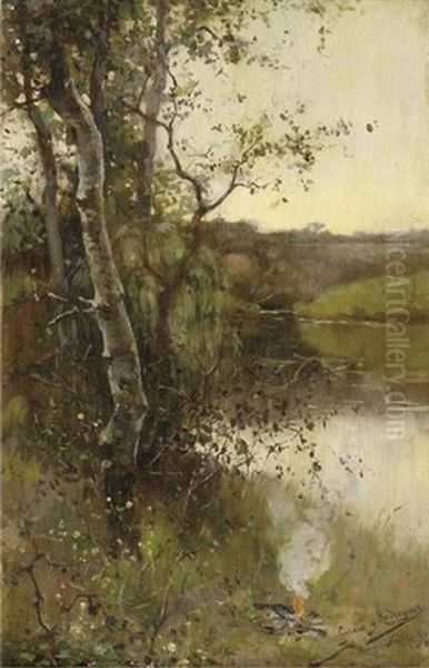 A River Landscape Oil Painting by Manuel Garcia y Rodriguez