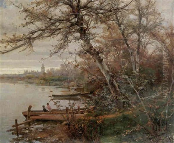 Barcas En La Rivera Del Guadalquivir Oil Painting by Manuel Garcia y Rodriguez