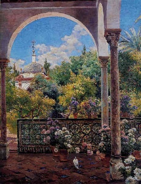 Los Jardines De Los Reales Alcazares De Sevilla Oil Painting by Manuel Garcia y Rodriguez