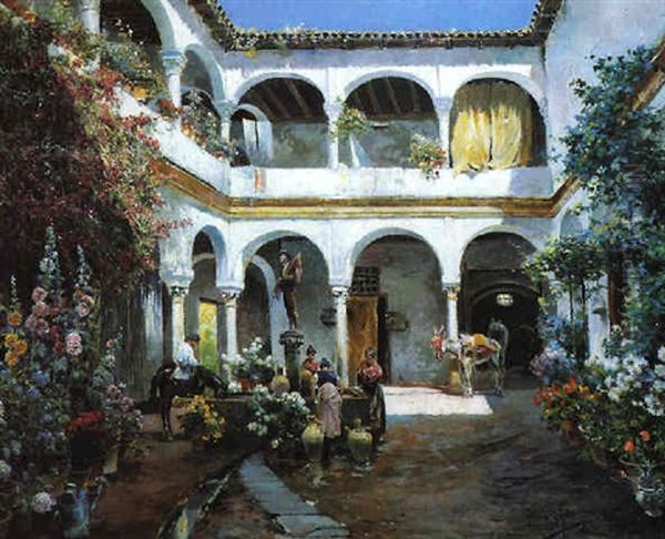 Patio Interior Con Flores Oil Painting by Manuel Garcia y Rodriguez