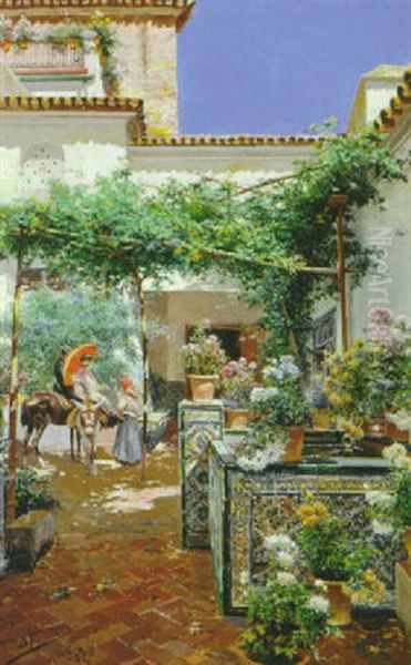 View Of A Garden In Seville Oil Painting by Manuel Garcia y Rodriguez