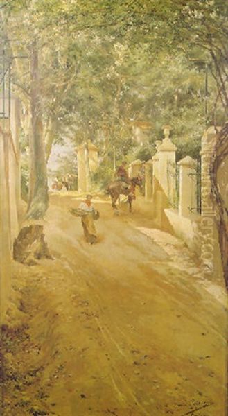 Spanish Street Scene Oil Painting by Manuel Garcia y Rodriguez