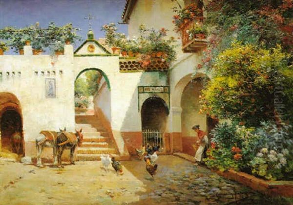 Patio Andaluz Con Burros Oil Painting by Manuel Garcia y Rodriguez