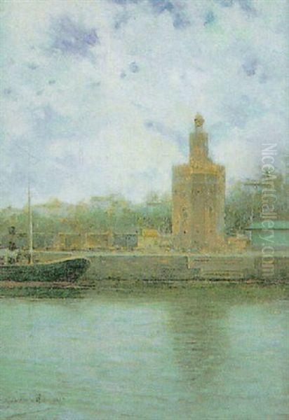 Sevilla. Vista Del Guadalquivir Con La Torre Del Oro Oil Painting by Manuel Garcia y Rodriguez