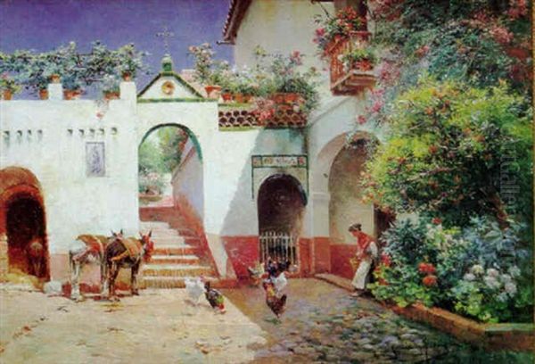 Patio Andaluz Con Burros Oil Painting by Manuel Garcia y Rodriguez