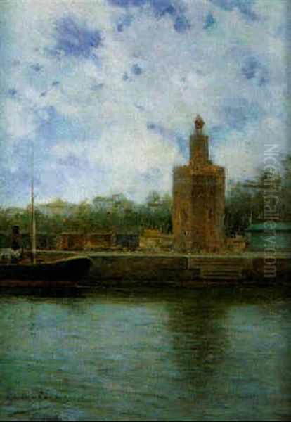 Sevilla, Vista Del Guadalquivir Con La Torre De Oro Oil Painting by Manuel Garcia y Rodriguez