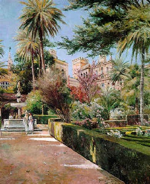 La Fuente De Neptuno De Los Jardines Del Alcazar De Sevilla Oil Painting by Manuel Garcia y Rodriguez