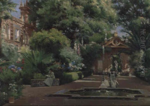 A Summer Garden, Seville Oil Painting by Manuel Garcia y Rodriguez