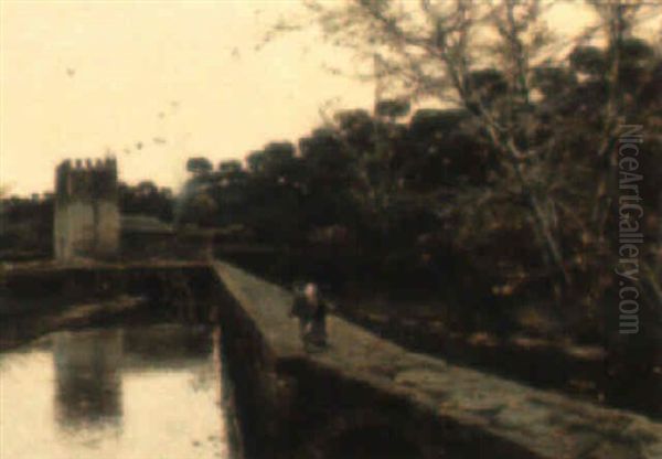 A Morning Stroll By The Canal Oil Painting by Manuel Garcia y Rodriguez