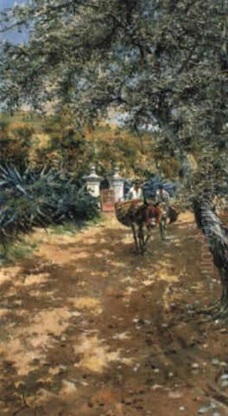 Two Men Travelling By Donkey Along A Country Lane Oil Painting by Manuel Garcia y Rodriguez