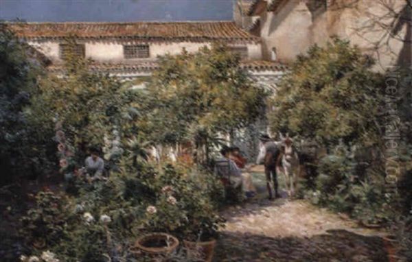 A Courtyard Scene In Seville Oil Painting by Manuel Garcia y Rodriguez