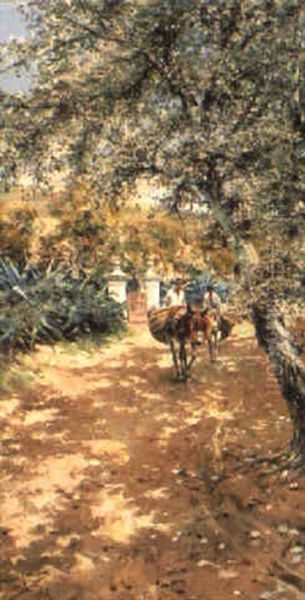 Mule Pack On A Shaded Country Road Oil Painting by Manuel Garcia y Rodriguez