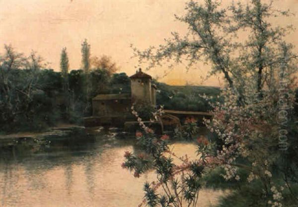 Casona En El Lago Oil Painting by Manuel Garcia y Rodriguez