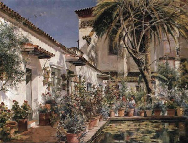 A Sunny Garden, Seville Oil Painting by Manuel Garcia y Rodriguez