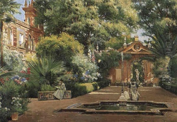 Dappled Sunlight In The Garden Oil Painting by Manuel Garcia y Rodriguez