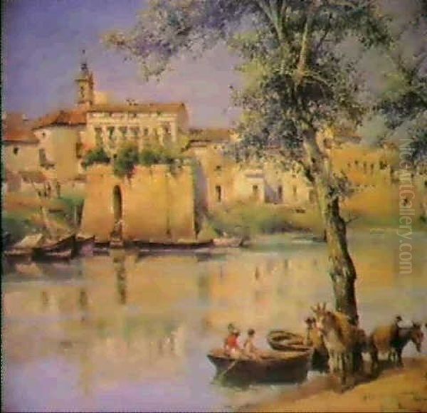 Barcas Y Tinajeros A Orillas                                Del Guadalquivir Oil Painting by Manuel Garcia y Rodriguez