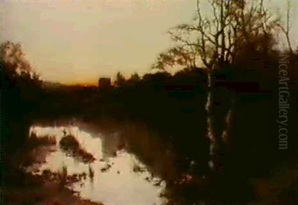 A River Landscape At Dusk Oil Painting by Manuel Garcia y Rodriguez