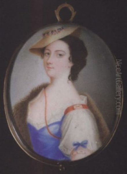 A Lady, Wearing Blue Sleeveless Dress With White Underslip And Red Ribbons, Fur Cloak Over Her Right Shoulder And Small Straw Hat Trimmed With Flowers Oil Painting by Theodore Gardelle