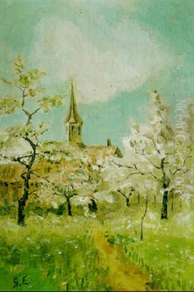 Blommande Appeltrad, Kyrka I Fonden Oil Painting by Anna Gardell-Ericson