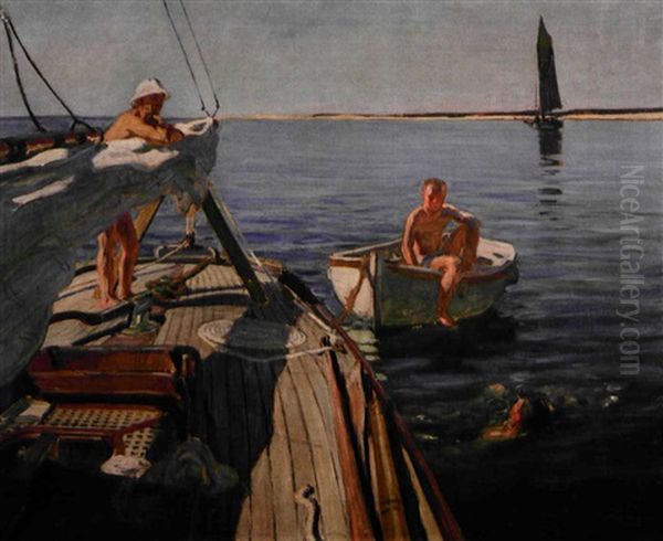 Baignade Depuis Le Pont Du Bateau Oil Painting by Raoul du Gardier